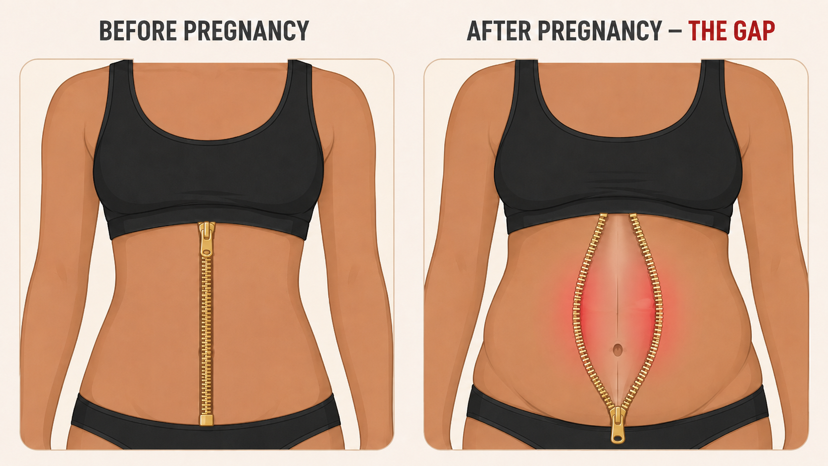 Before pregnancy and after pregnancy zipper gap illustration